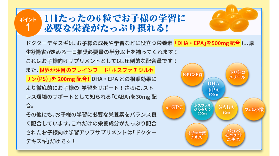 1.一日たったの6粒でお子様の学習に必要な栄養がたっぷり摂れる! 2.「安心・安全」へのこだわり!厳選した原料と国内製造! 3.子どもたちを支援する活動や成長や学習に役立つ情報提供をご評価いただいています!