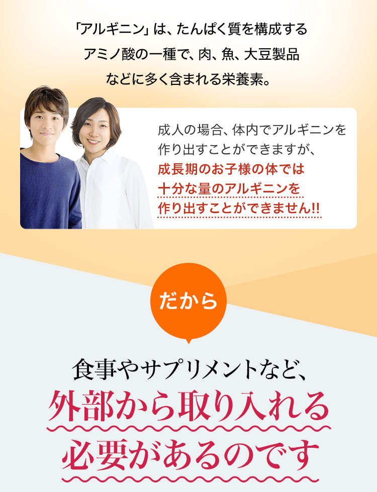 「アルギニン」は、たんぱく質を構成するアミノ酸の一種で、肉、魚、大豆製品などに多く含まれる栄養素。