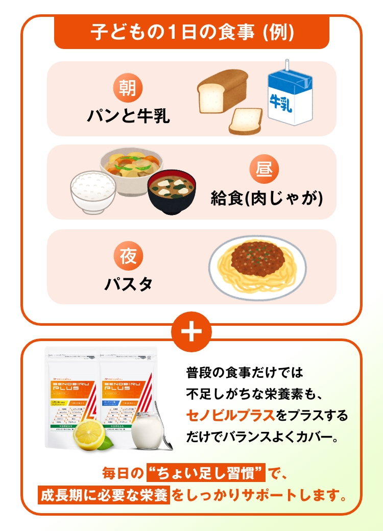 普段の食事だけでは不足しがちな栄養素も、セノビルプラスをプラスするだけカバー